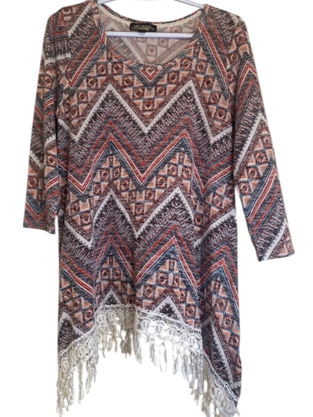 Absolutely Famous V-Neck Fringe Tunic Sweater - Orange & Cream